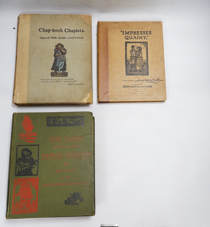 Crawhall, Joseph – Crawhall’s Chap-book Chaplets, 8 parts in 1, 4to, limited edition, numerous hand-coloured woodcuts by Crawhall, original wrappers bound-in, prospectus for ‘Olde Ffrendes with newe Faces’ at rear, tippe